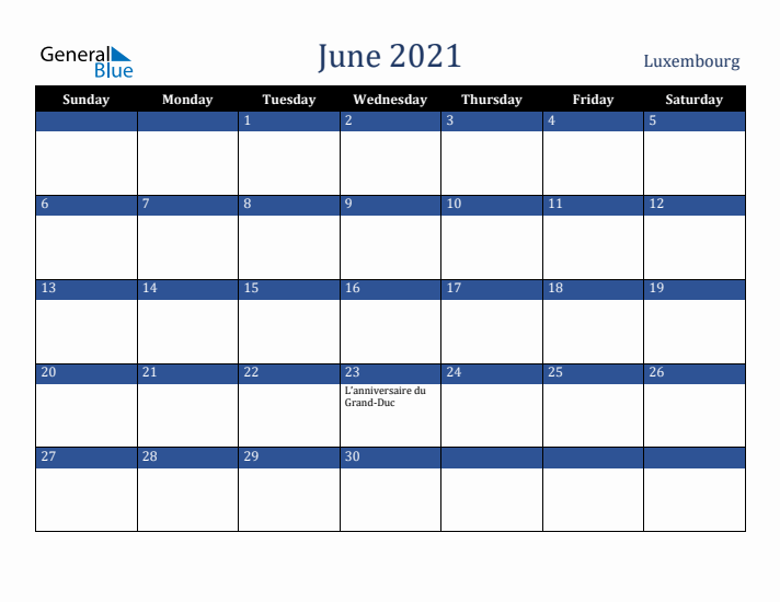 June 2021 Luxembourg Calendar (Sunday Start)