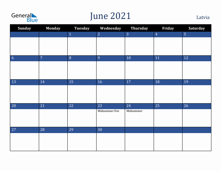 June 2021 Latvia Calendar (Sunday Start)