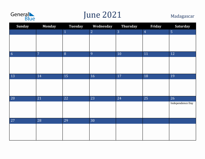 June 2021 Madagascar Calendar (Sunday Start)