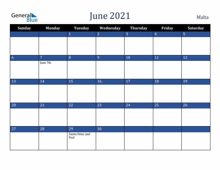 June 2021 Malta Calendar (Sunday Start)