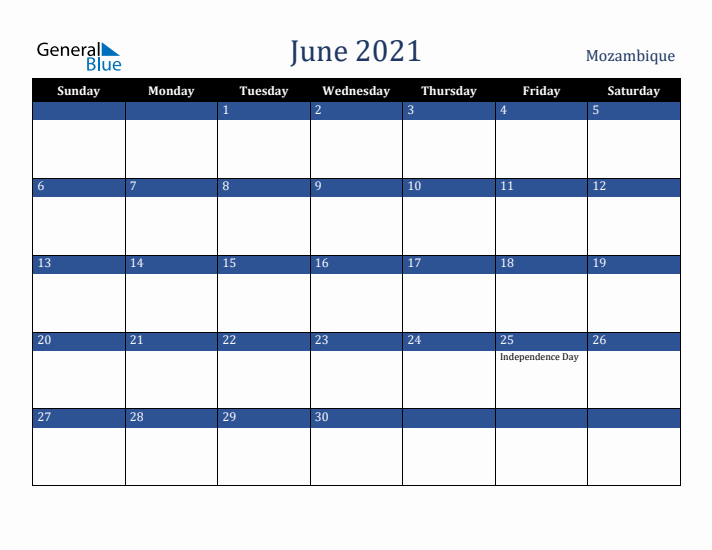 June 2021 Mozambique Calendar (Sunday Start)