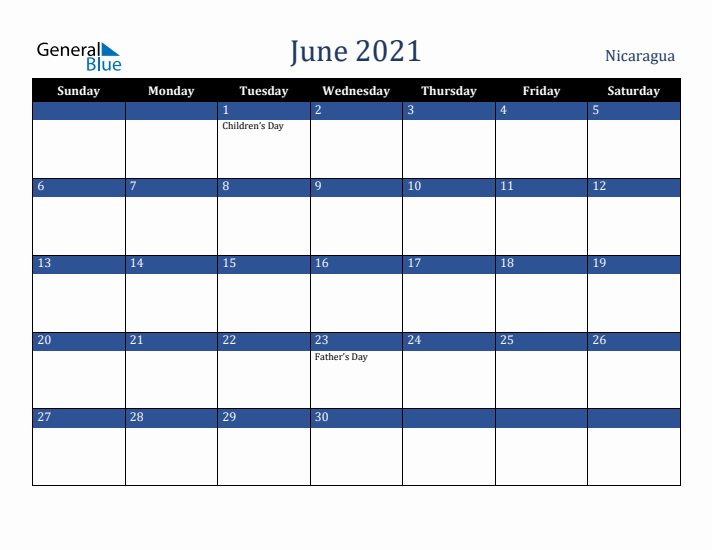 June 2021 Nicaragua Calendar (Sunday Start)