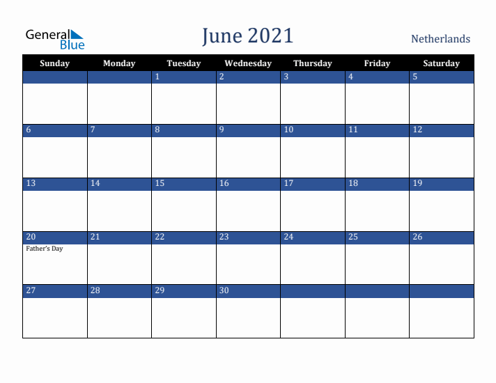 June 2021 The Netherlands Calendar (Sunday Start)