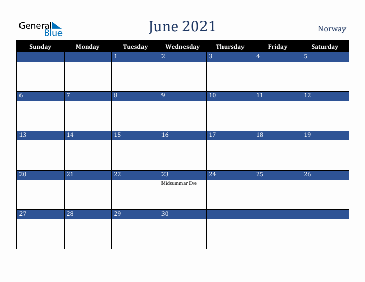 June 2021 Norway Calendar (Sunday Start)