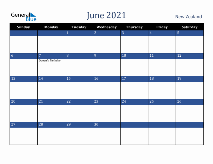 June 2021 New Zealand Calendar (Sunday Start)