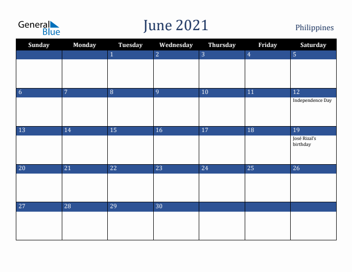 June 2021 Philippines Calendar (Sunday Start)
