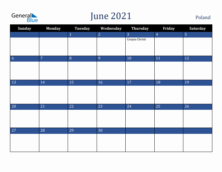 June 2021 Poland Calendar (Sunday Start)