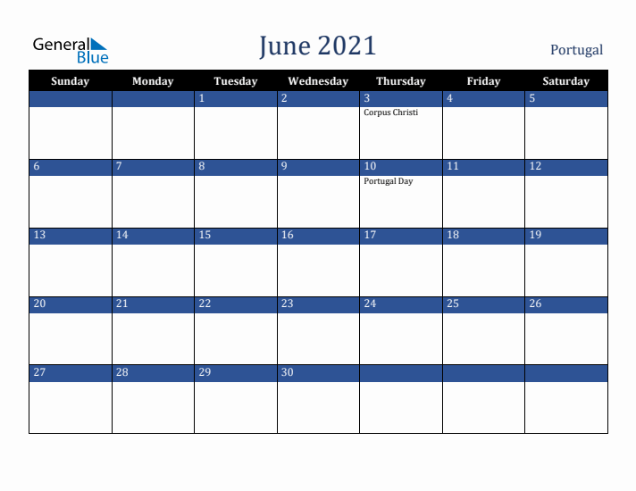 June 2021 Portugal Calendar (Sunday Start)