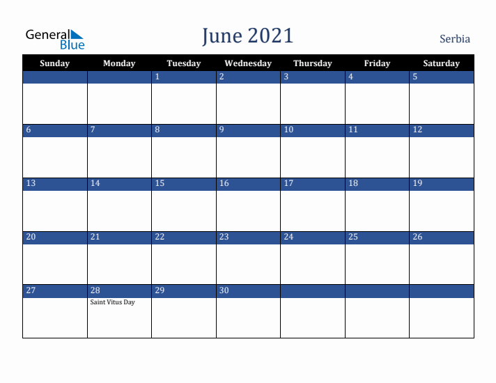 June 2021 Serbia Calendar (Sunday Start)