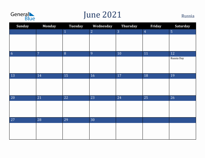 June 2021 Russia Calendar (Sunday Start)