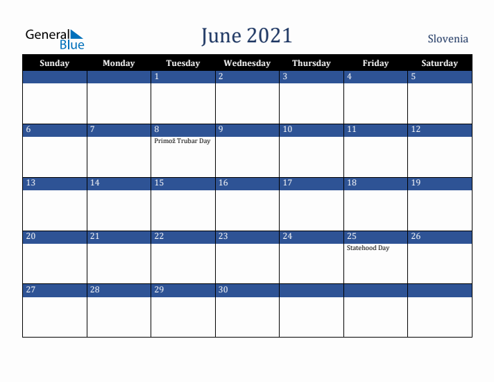 June 2021 Slovenia Calendar (Sunday Start)