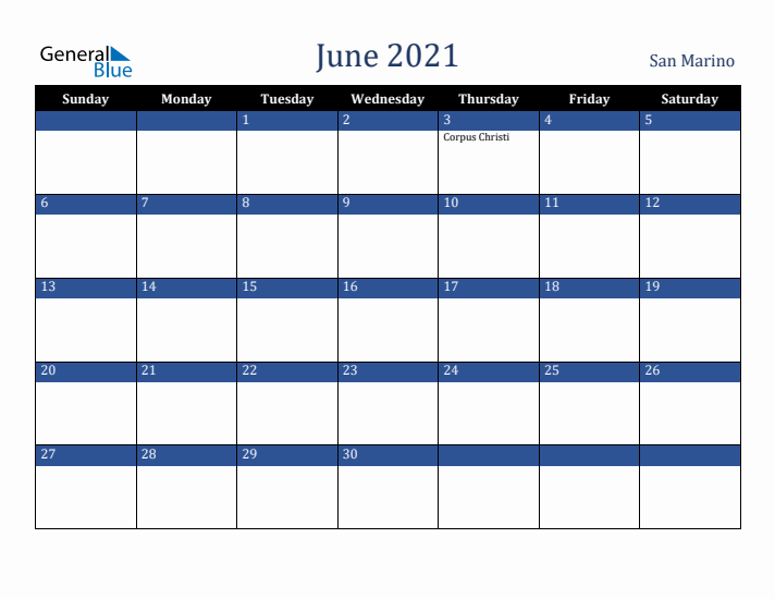 June 2021 San Marino Calendar (Sunday Start)
