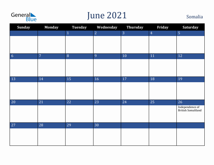 June 2021 Somalia Calendar (Sunday Start)