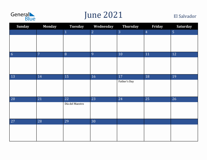 June 2021 El Salvador Calendar (Sunday Start)