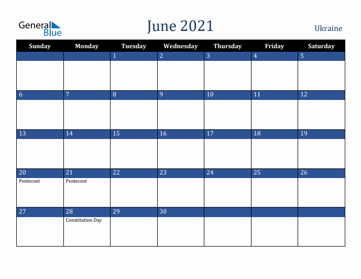 June 2021 Ukraine Calendar (Sunday Start)