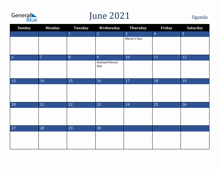 June 2021 Uganda Calendar (Sunday Start)