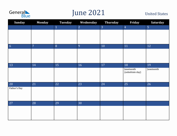 June 2021 United States Calendar (Sunday Start)