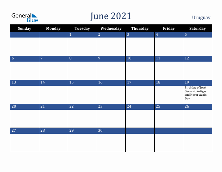 June 2021 Uruguay Calendar (Sunday Start)