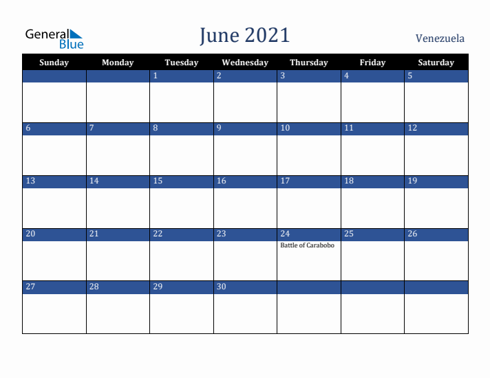 June 2021 Venezuela Calendar (Sunday Start)