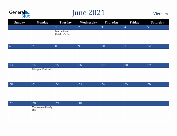 June 2021 Vietnam Calendar (Sunday Start)