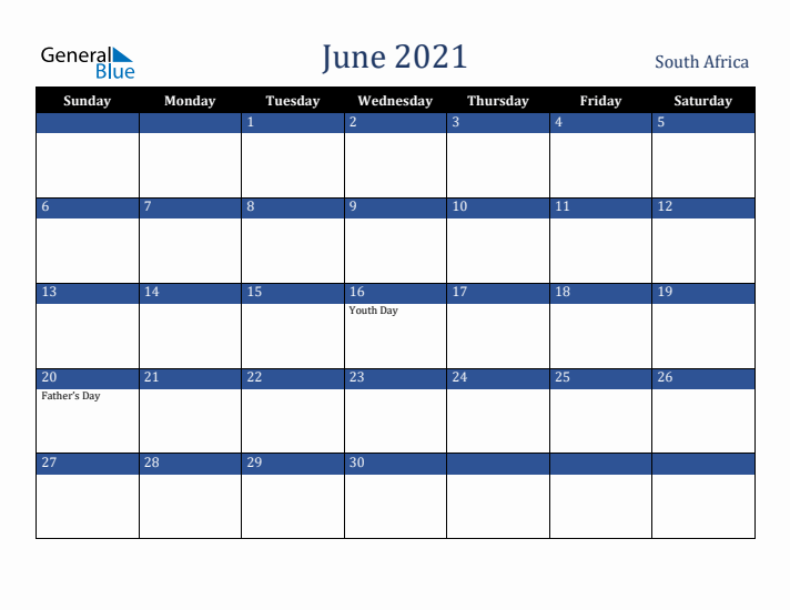 June 2021 South Africa Calendar (Sunday Start)
