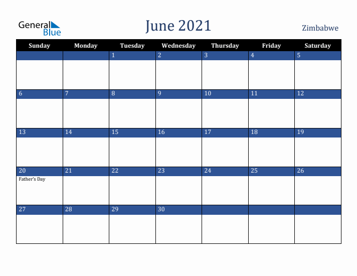 June 2021 Zimbabwe Calendar (Sunday Start)