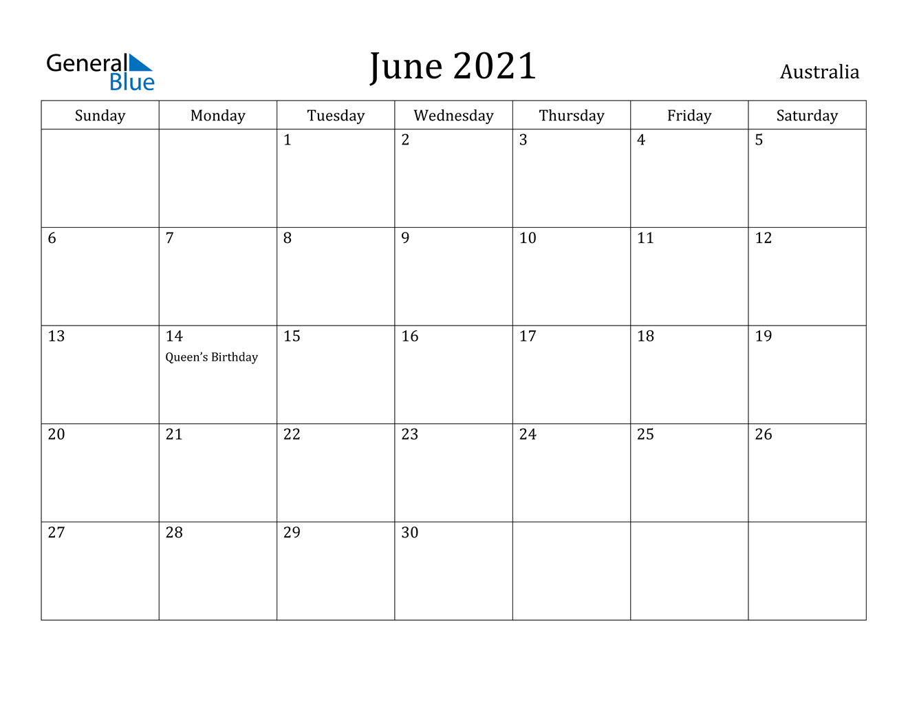 Australia June 2021 Calendar With Holidays