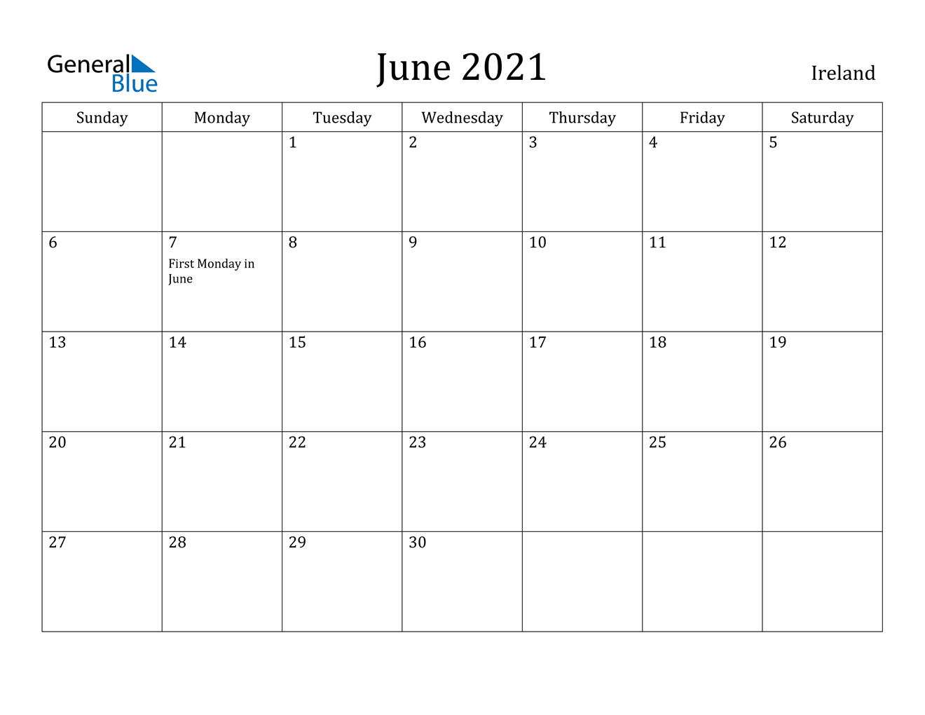 June 2021 Calendar - Ireland