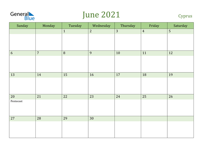 June 2021 Calendar with Cyprus Holidays