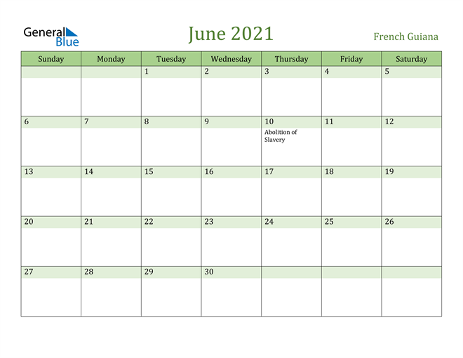 June 2021 Calendar with French Guiana Holidays