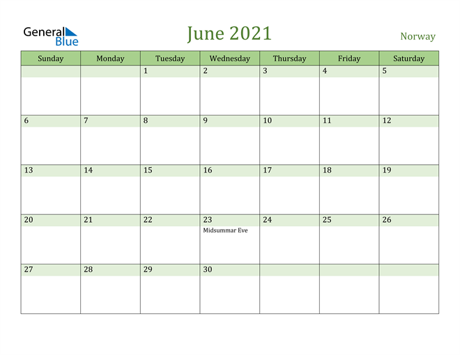 June 2021 Calendar with Norway Holidays
