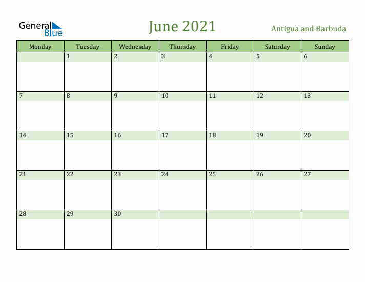 June 2021 Calendar with Antigua and Barbuda Holidays