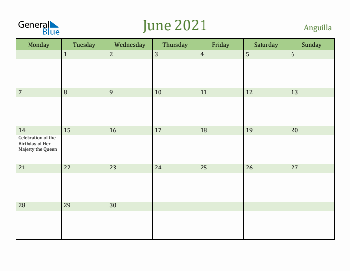 June 2021 Calendar with Anguilla Holidays