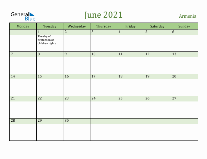 June 2021 Calendar with Armenia Holidays