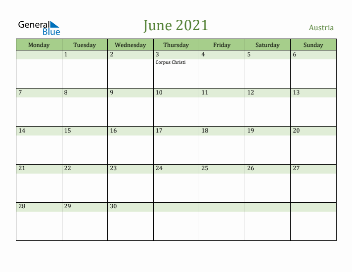 June 2021 Calendar with Austria Holidays