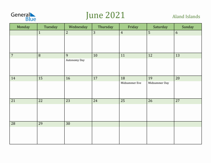 June 2021 Calendar with Aland Islands Holidays