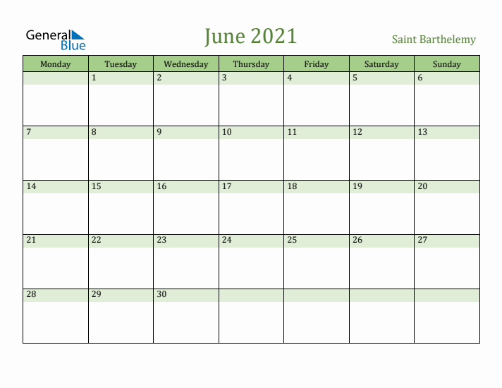 June 2021 Calendar with Saint Barthelemy Holidays