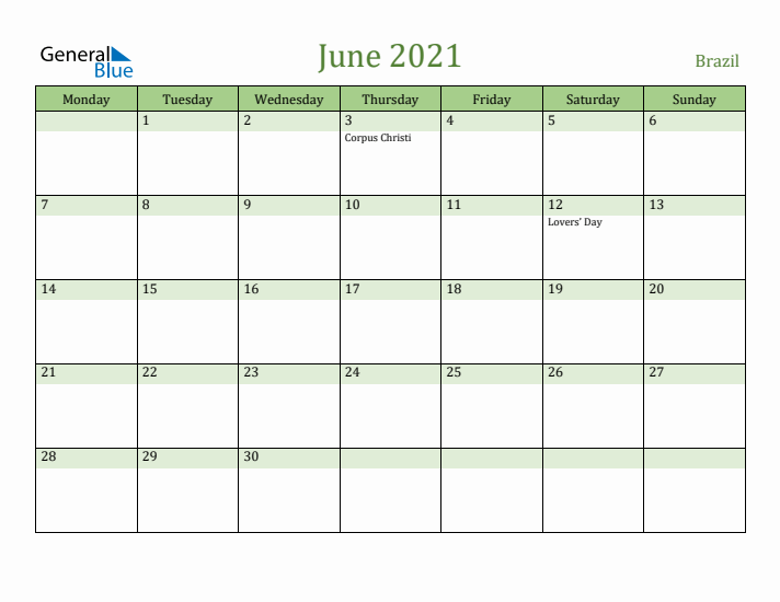 June 2021 Calendar with Brazil Holidays