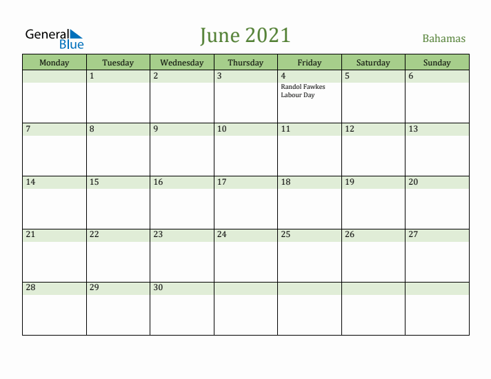 June 2021 Calendar with Bahamas Holidays