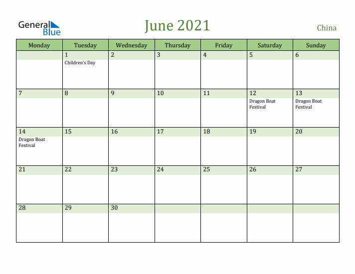 June 2021 Calendar with China Holidays