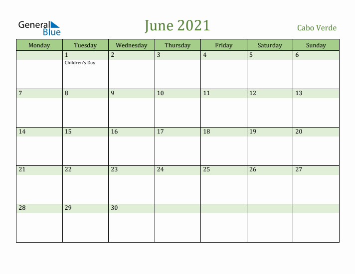 June 2021 Calendar with Cabo Verde Holidays