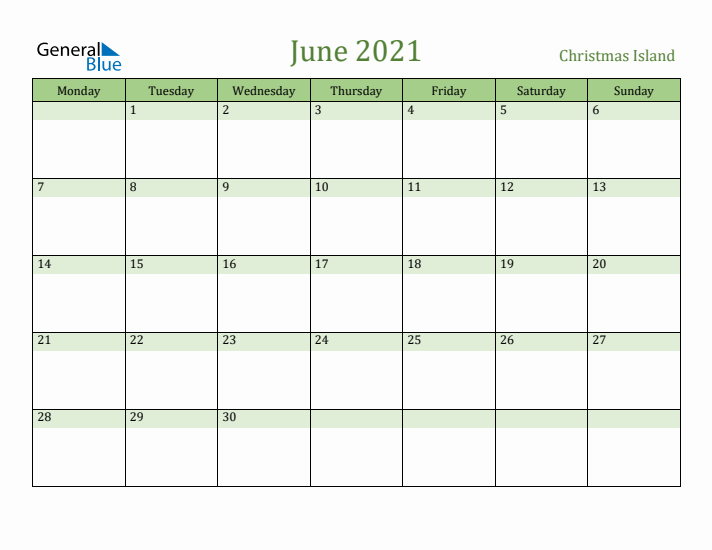 June 2021 Calendar with Christmas Island Holidays