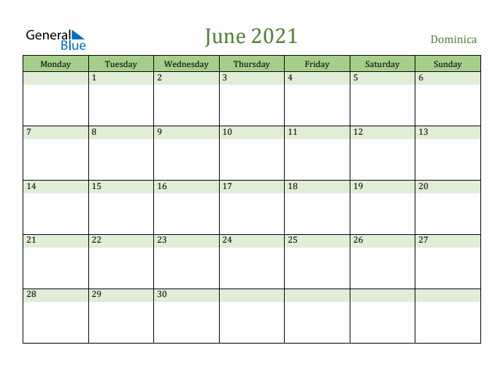 June 2021 Calendar with Dominica Holidays