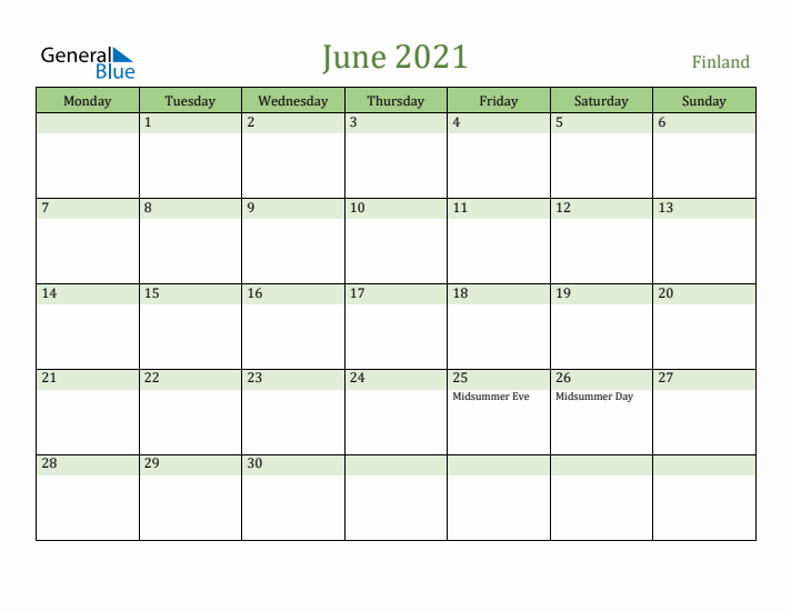 June 2021 Calendar with Finland Holidays