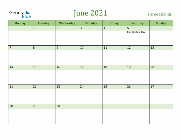 June 2021 Calendar with Faroe Islands Holidays