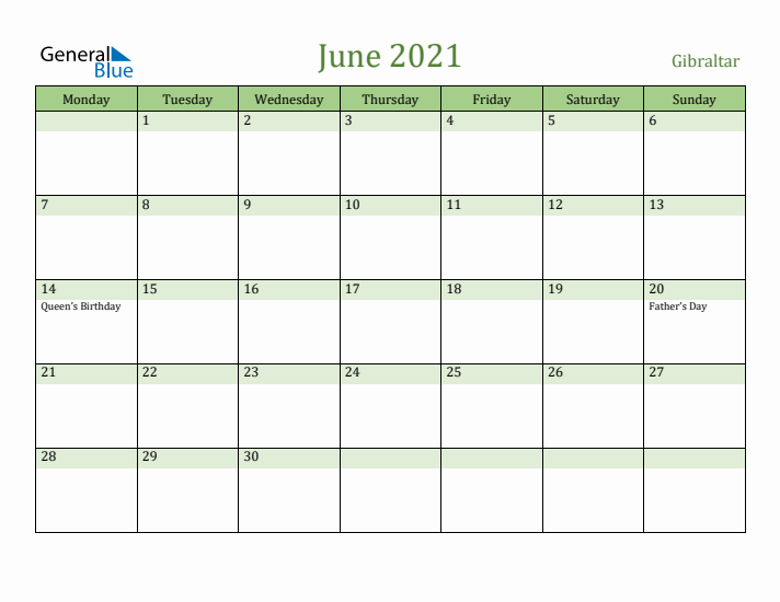 June 2021 Calendar with Gibraltar Holidays