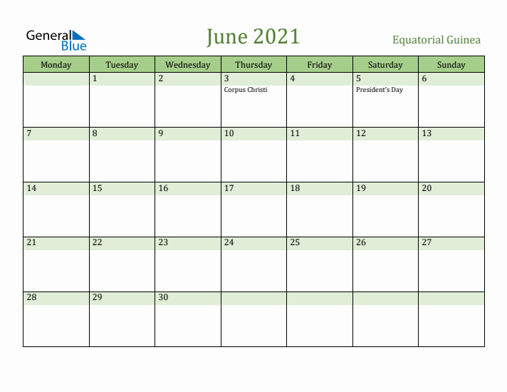 June 2021 Calendar with Equatorial Guinea Holidays