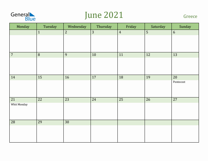 June 2021 Calendar with Greece Holidays