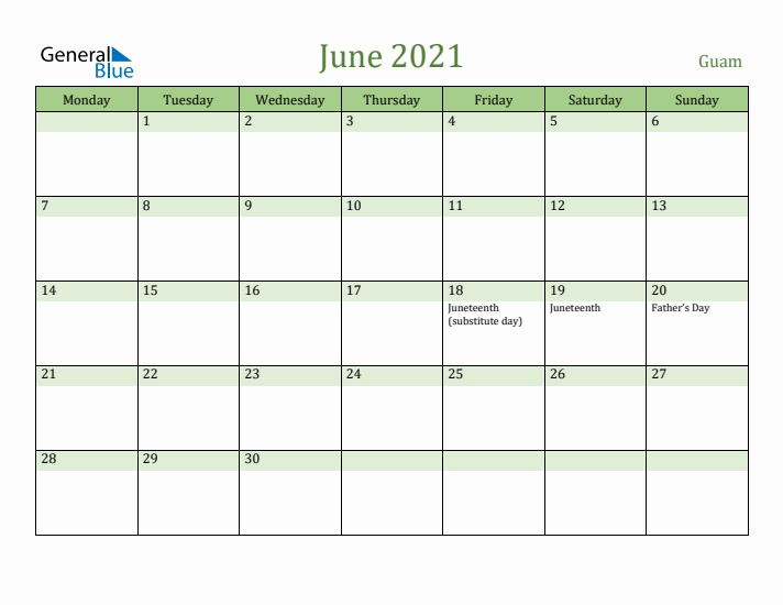 June 2021 Calendar with Guam Holidays