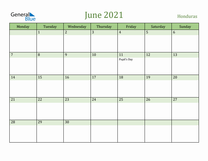 June 2021 Calendar with Honduras Holidays